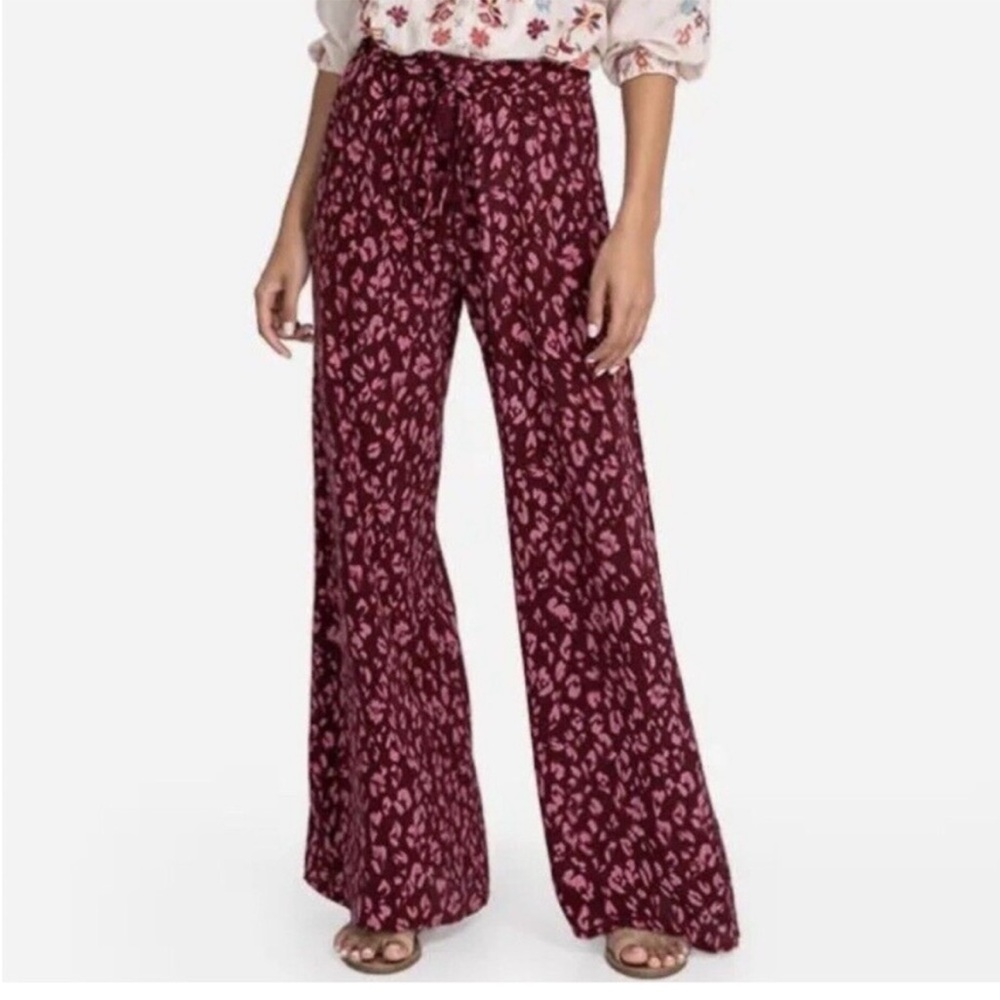 Johnny Was Jade Burgundy Leopard Print Silk Palazzo Pants